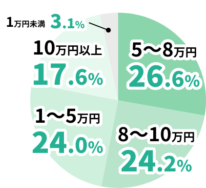 5~8万円26.6%。8~10万円24.2%。1~5万円24.0%。10万円以上17.6%。1万円未満3.1%